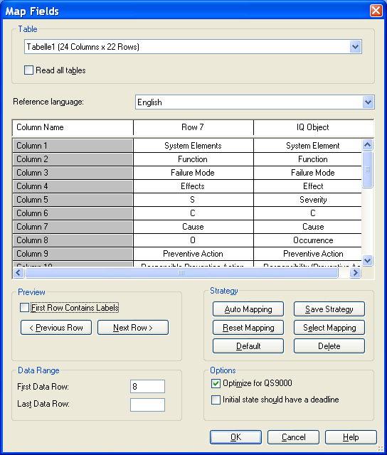 IQ import dialog for xls files